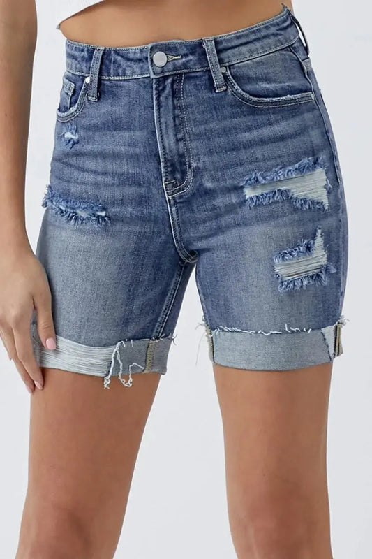 Pantalones cortos vaqueros desgastados para mujer - Dobladillo enrollado y bolsillos - Casual