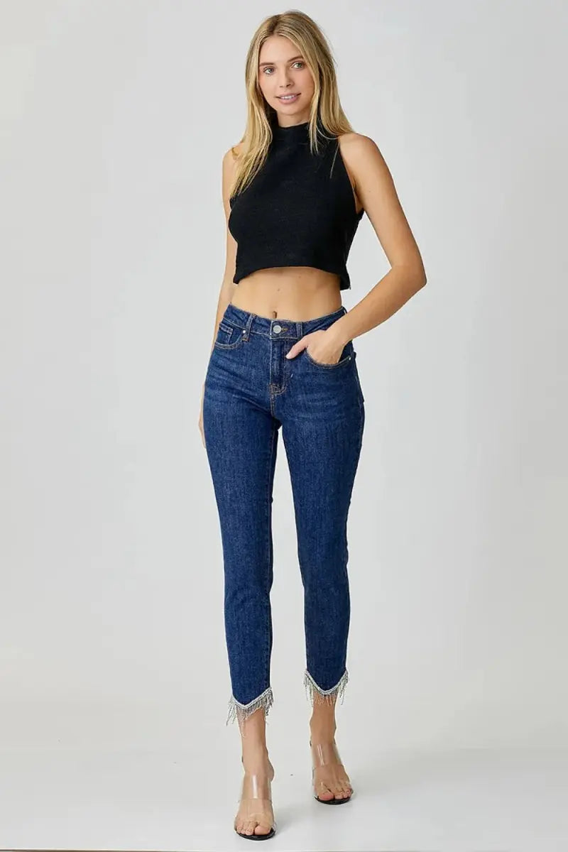 Women's Embellished Crop Skinny Jeans Jeans - Embellished Mid Rise - Crop Skinny