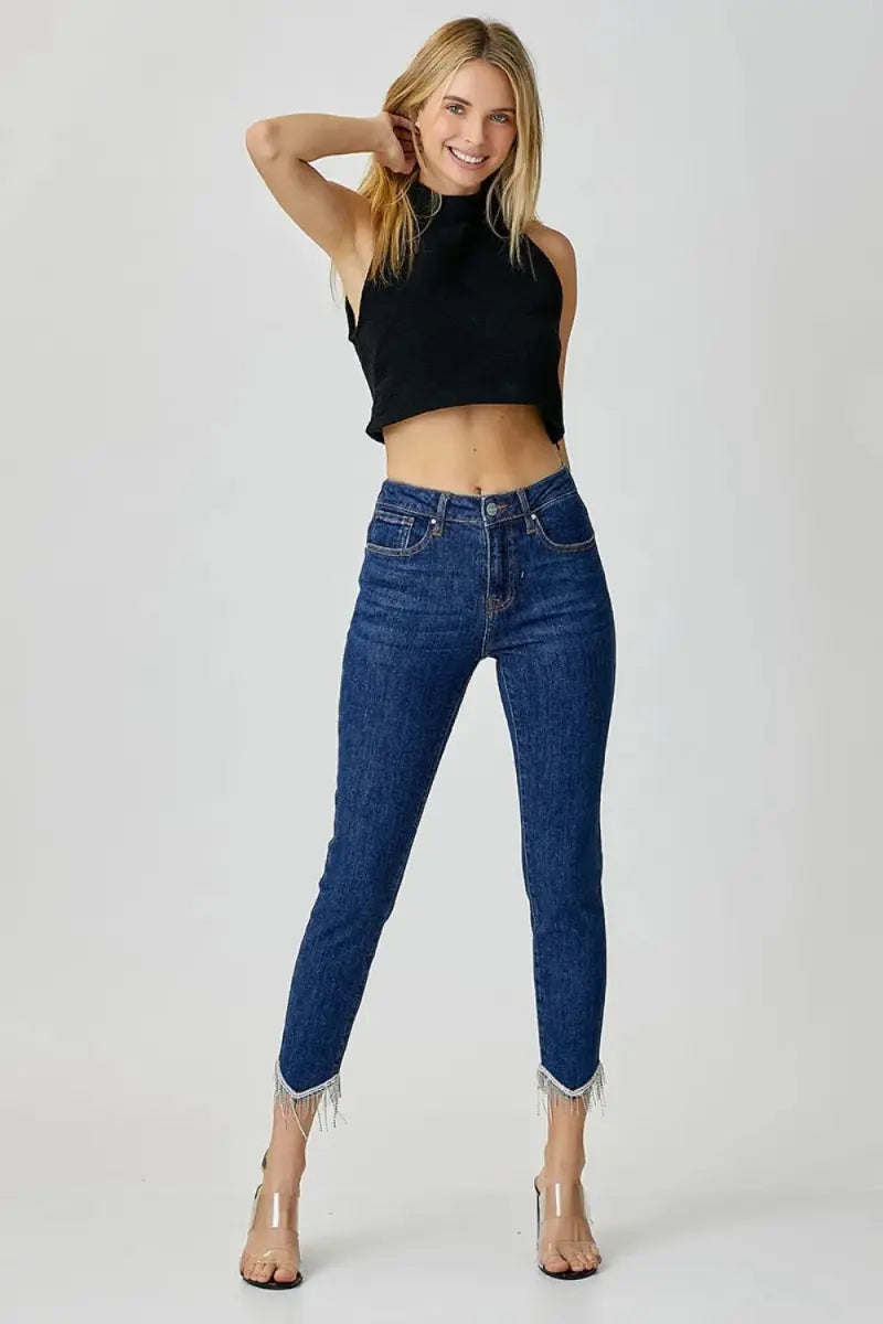 Women's Embellished Crop Skinny Jeans Jeans - Embellished Mid Rise - Crop Skinny