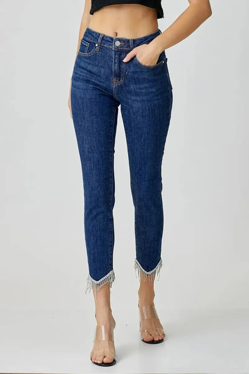 Women's Embellished Crop Skinny Jeans Jeans - Embellished Mid Rise - Crop Skinny