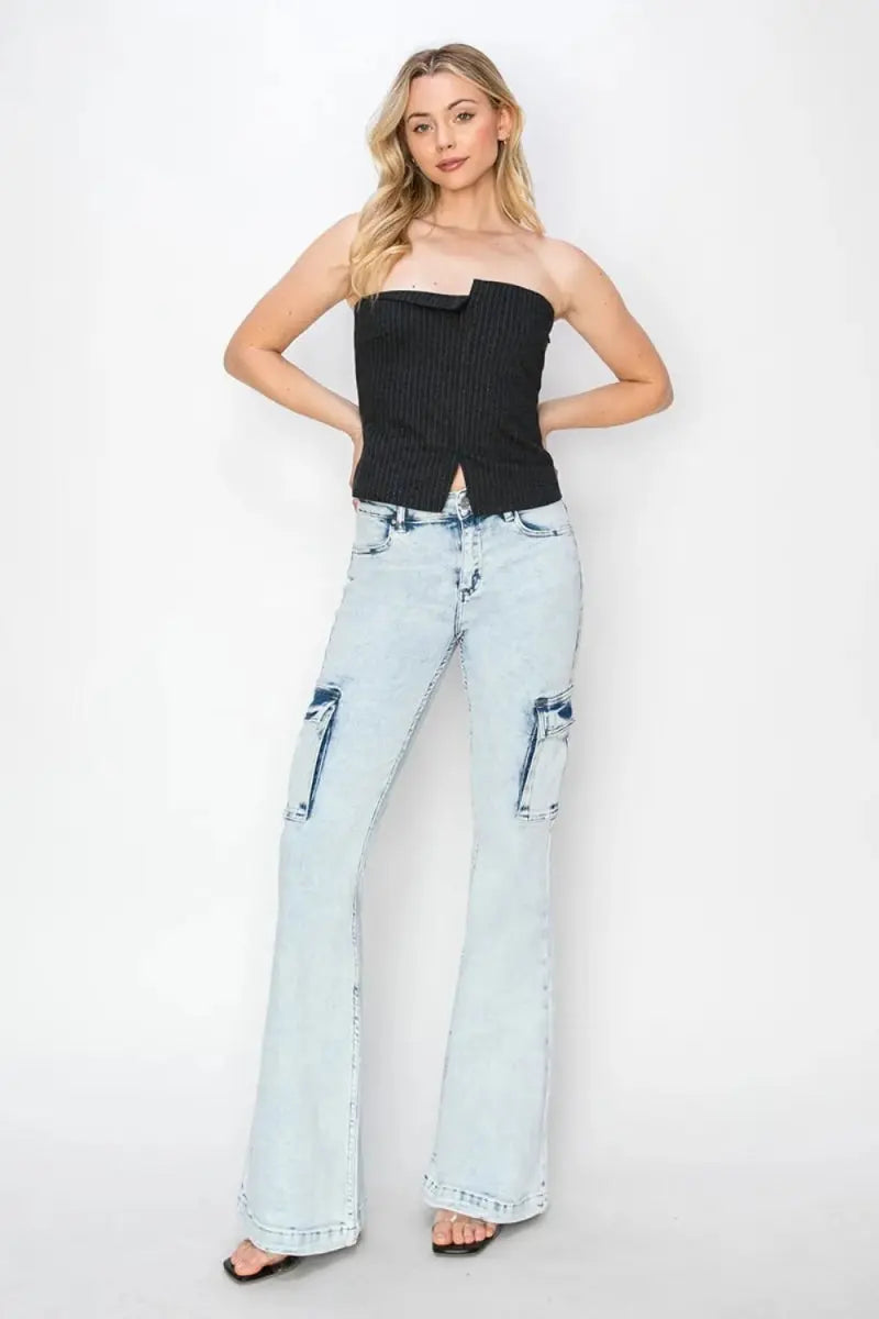 Women's Cargo Flare Jeans Cargo Jeans - High Rise Flattering Fit - Flare Denim