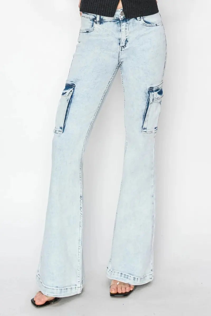 Women's Cargo Flare Jeans Cargo Jeans - High Rise Flattering Fit - Flare Denim