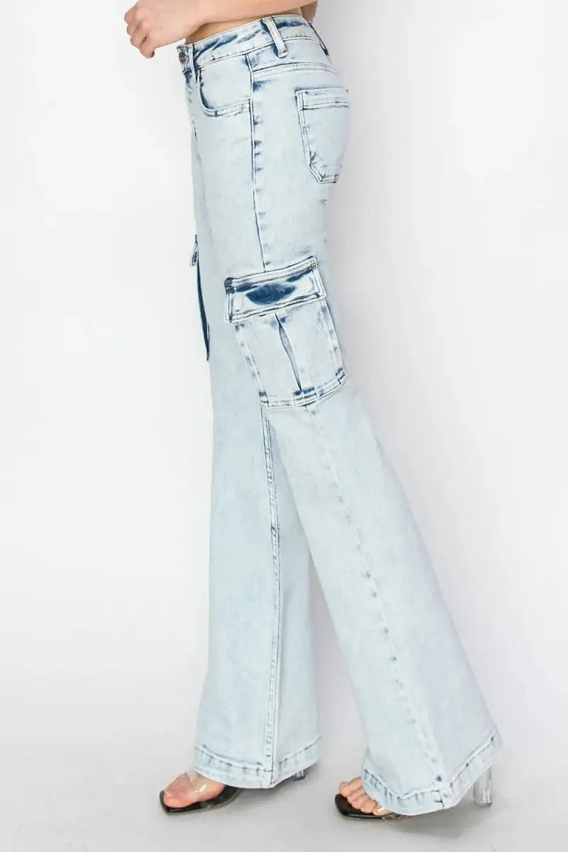 Women's Cargo Flare Jeans Cargo Jeans - High Rise Flattering Fit - Flare Denim