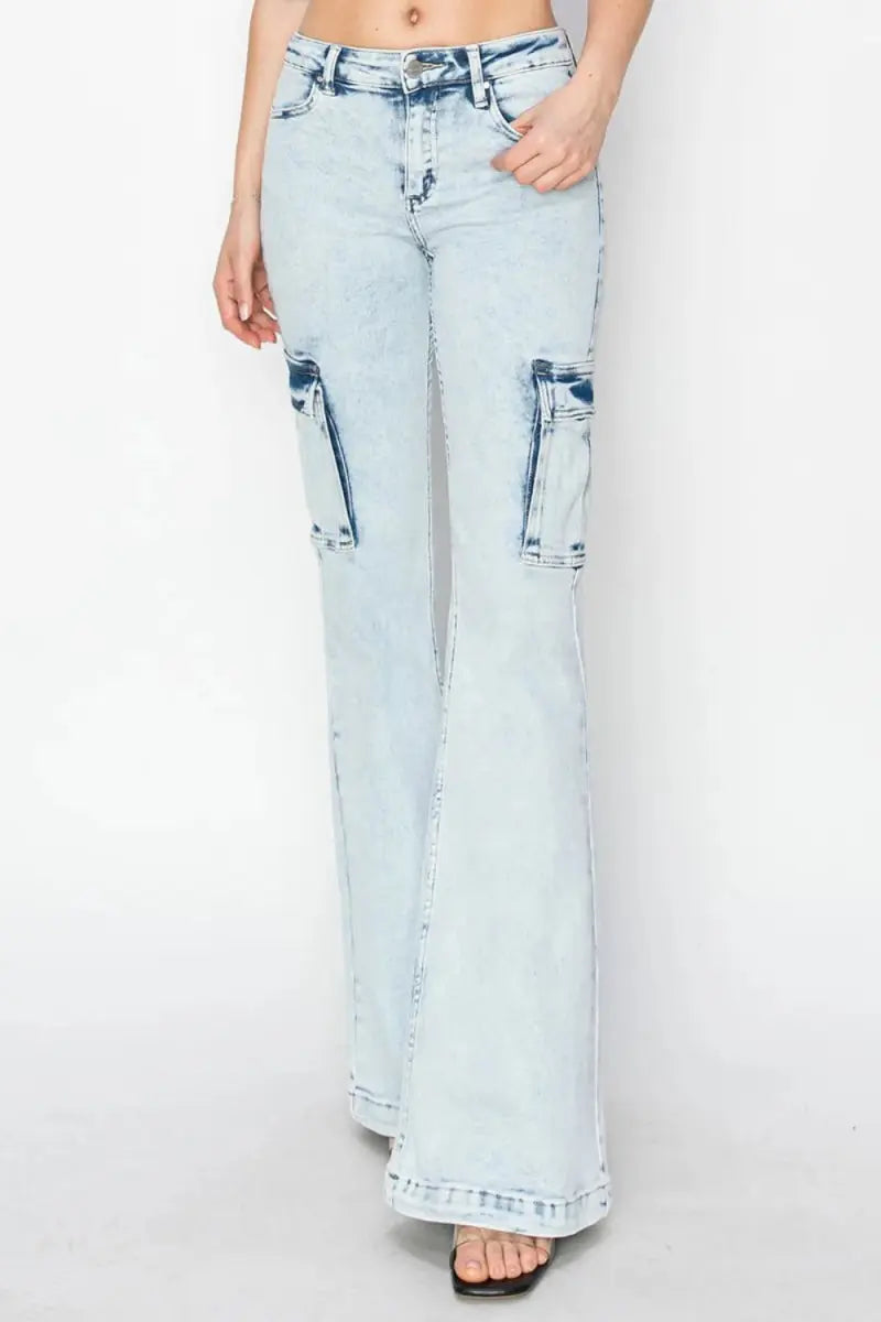 Women's Cargo Flare Jeans Cargo Jeans - High Rise Flattering Fit - Flare Denim