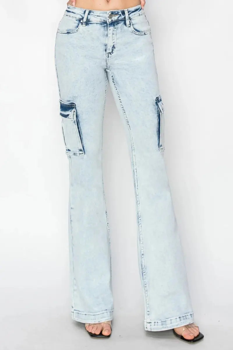 Women's Cargo Flare Jeans Cargo Jeans - High Rise Flattering Fit - Flare Denim