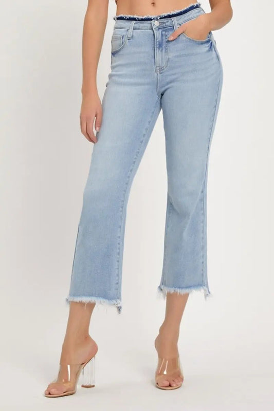 Camisetas Tendencia RISEN Jeans de tiro alto para mujer, vaqueros casuales con bajo sin rematar recortados - Envío desde EE. UU.