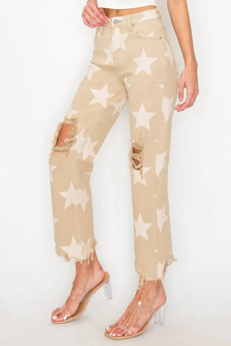 T-Shirts Trendsi Star Print Jeans Women's High Rise Casual Denim Frayed Hem Trendy