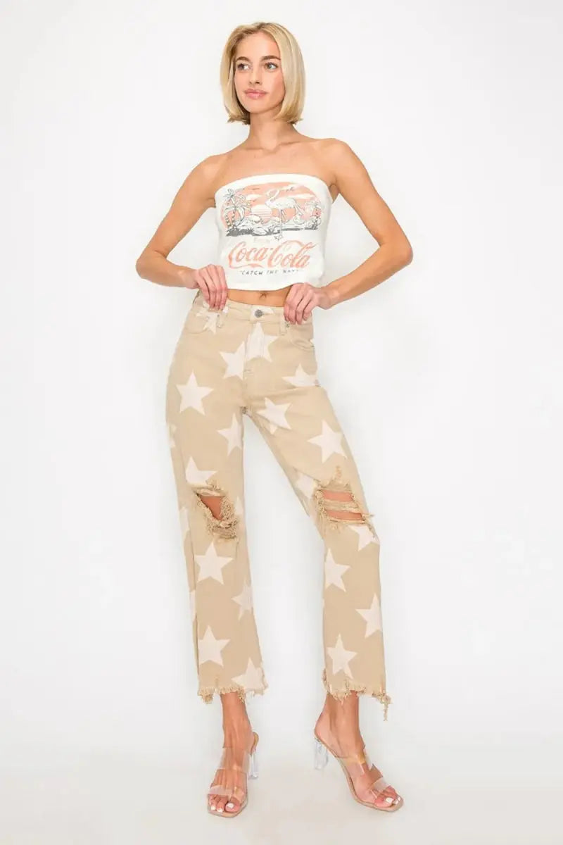 T-Shirts Trendsi Star Print Jeans Women's High Rise Casual Denim Frayed Hem Trendy