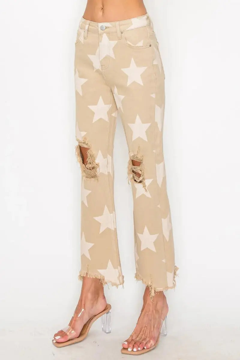 T-Shirts Trendsi Star Print Jeans Women's High Rise Casual Denim Frayed Hem Trendy