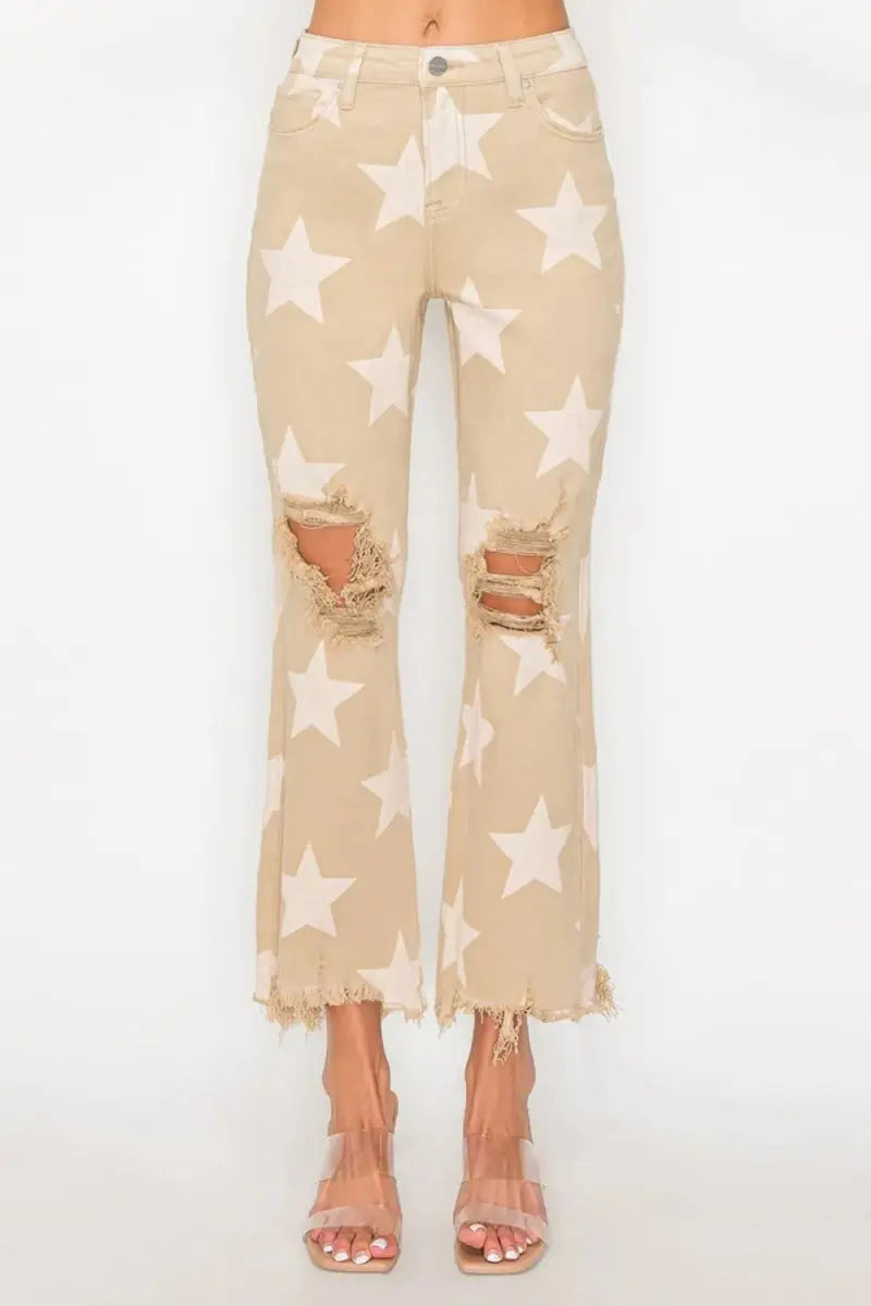 T-Shirts Trendsi Star Print Jeans Women's High Rise Casual Denim Frayed Hem Trendy