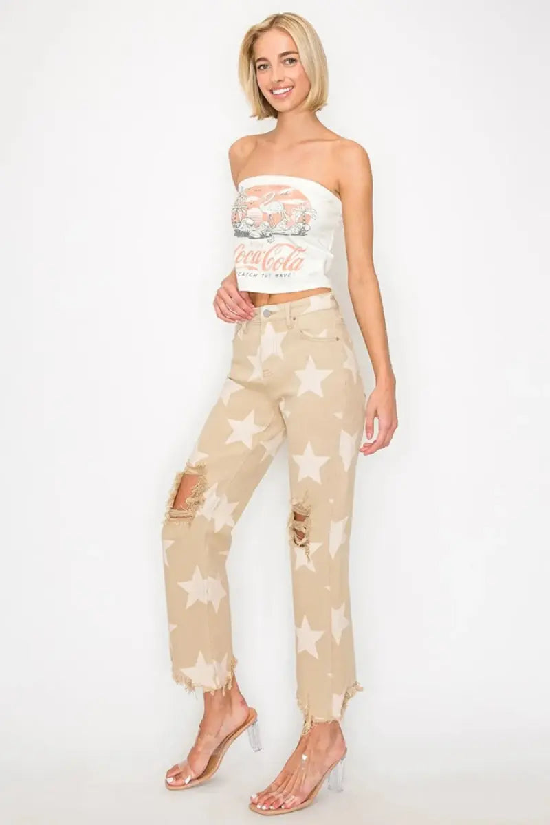 T-Shirts Trendsi Star Print Jeans Women's High Rise Casual Denim Frayed Hem Trendy