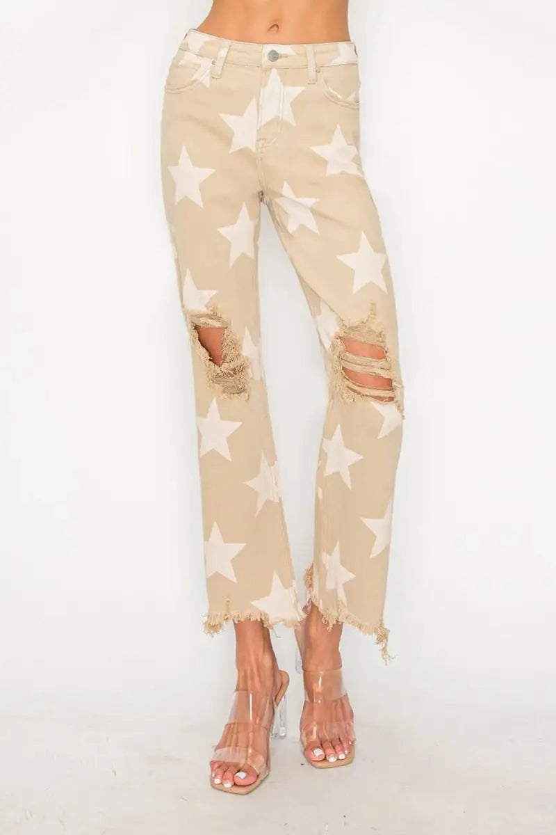 T-Shirts Trendsi Star Print Jeans Women's High Rise Casual Denim Frayed Hem Trendy
