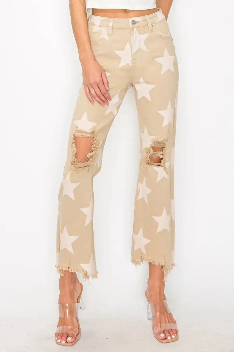 T-Shirts Trendsi Star Print Jeans Women's High Rise Casual Denim Frayed Hem Trendy