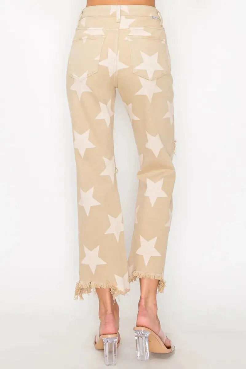 T-Shirts Trendsi Star Print Jeans Women's High Rise Casual Denim Frayed Hem Trendy