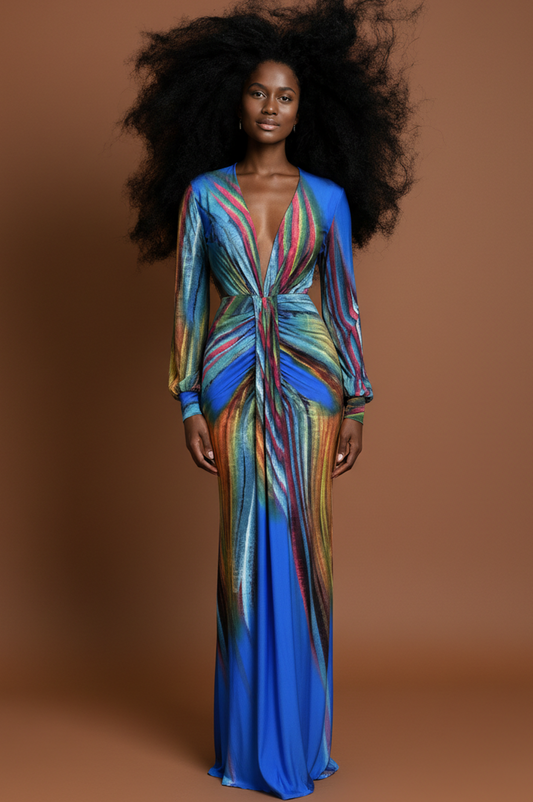Multi Color Blue Swirl Print Dress
