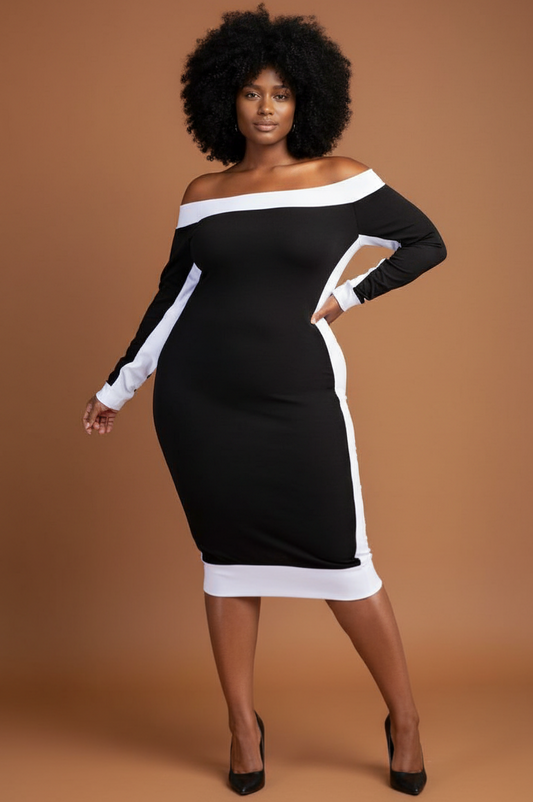 Vestido midi con hombros descubiertos blanco y negro