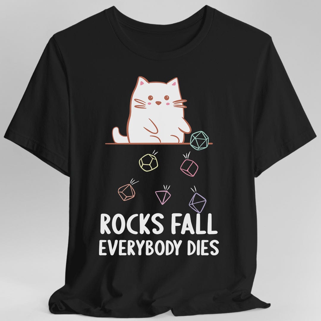 Camiseta de gato kawaii "Todos mueren, caen rocas"