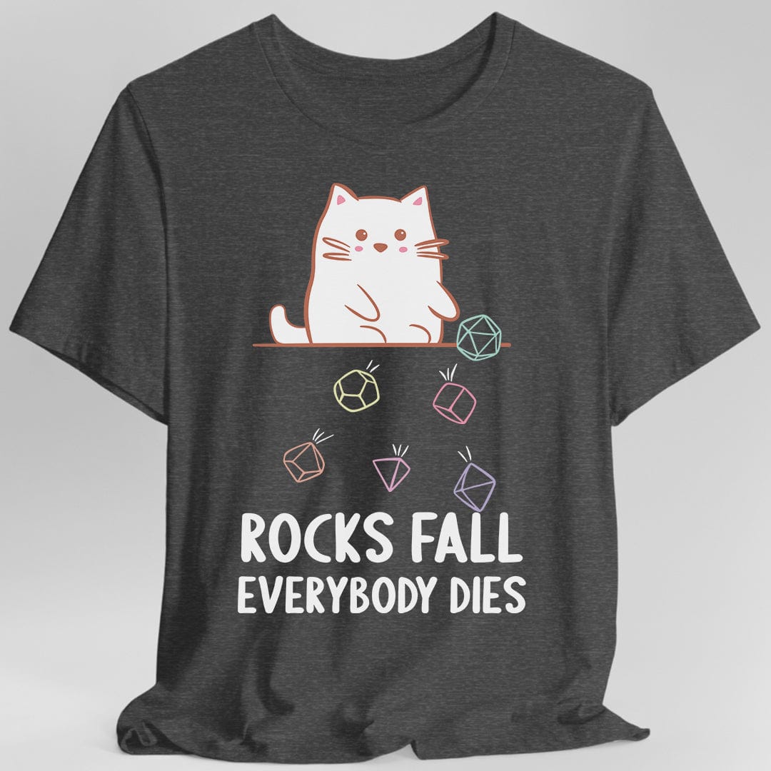 Camiseta de gato kawaii "Todos mueren, caen rocas"