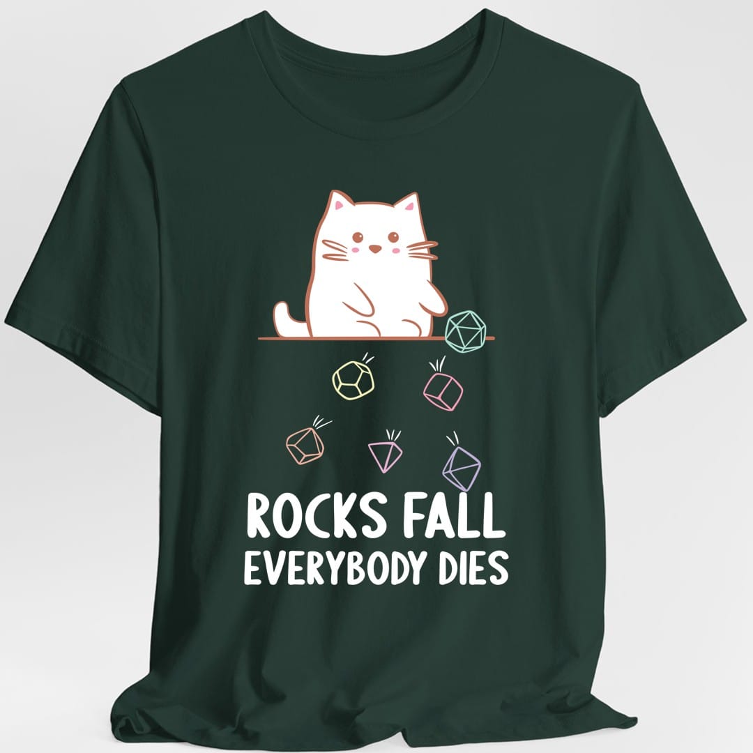 Camiseta de gato kawaii "Todos mueren, caen rocas"