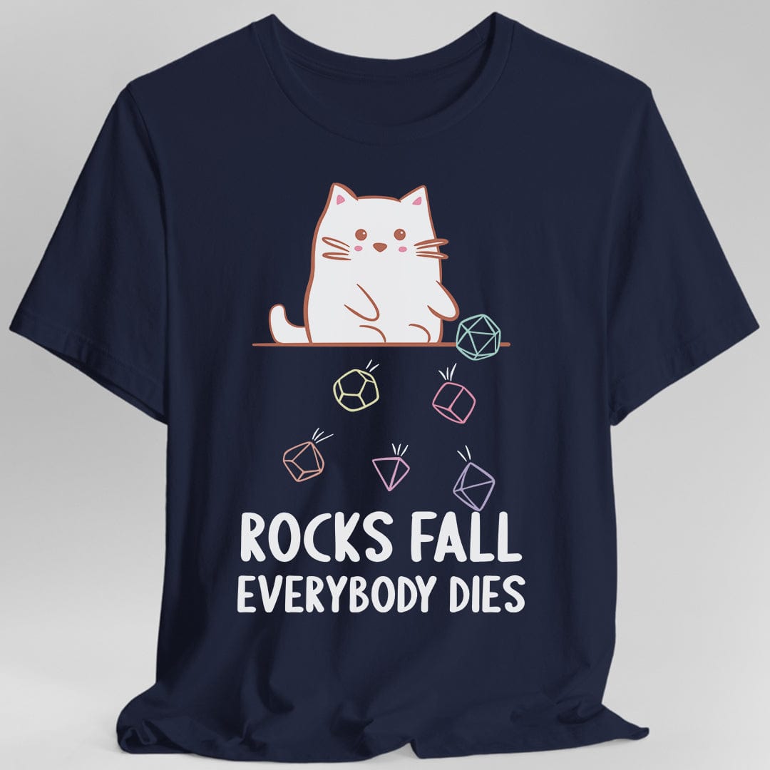 Camiseta de gato kawaii "Todos mueren, caen rocas"