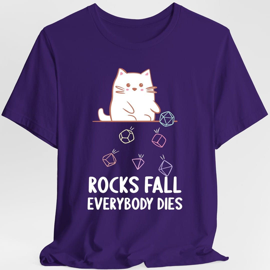 Camiseta de gato kawaii "Todos mueren, caen rocas"