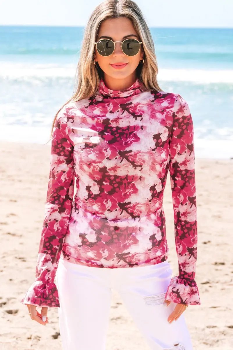 Women's Blouse Floral Mesh Blouse - Ruffle Sleeve - Sheer Daily Top