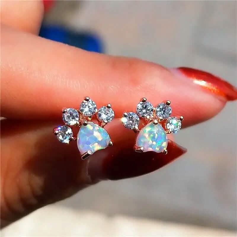 Rose Golden Opal Paw Print Stud Earrings
