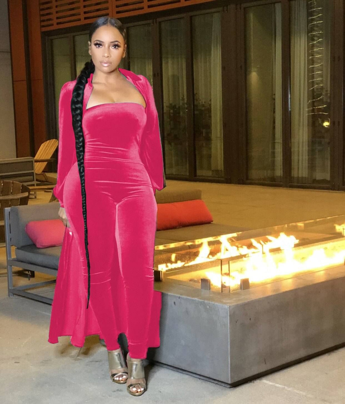 Velvet Strapless Jumpsuit & Maxi Cardigan Set