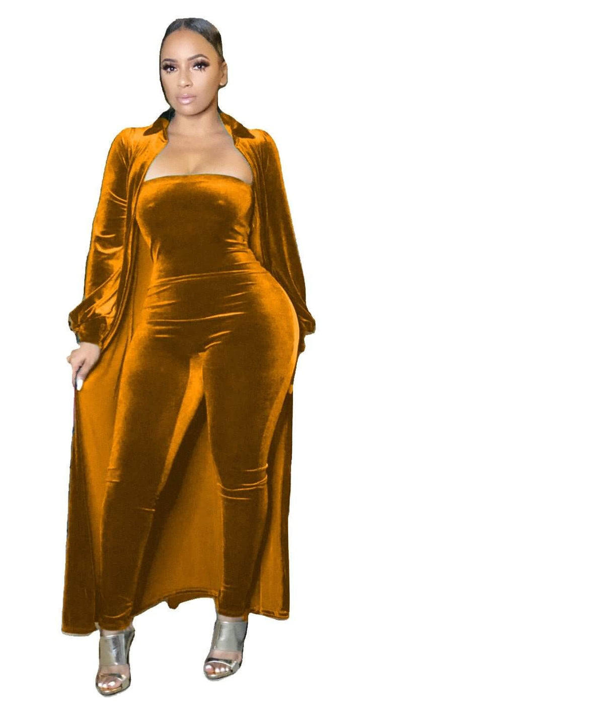 Velvet Strapless Jumpsuit & Maxi Cardigan Set