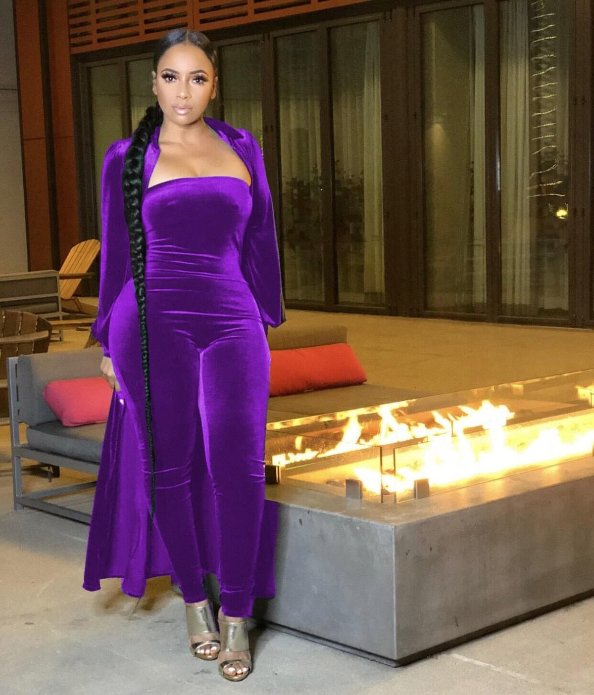 Velvet Strapless Jumpsuit & Maxi Cardigan Set