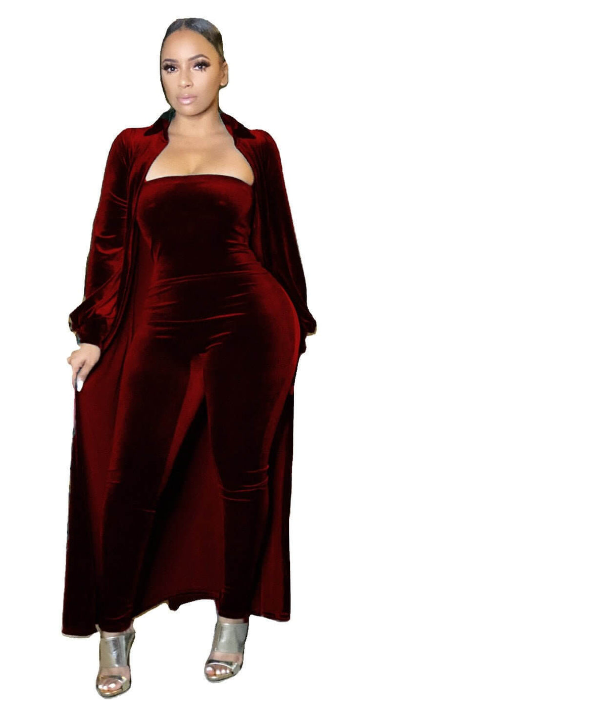Velvet Strapless Jumpsuit & Maxi Cardigan Set