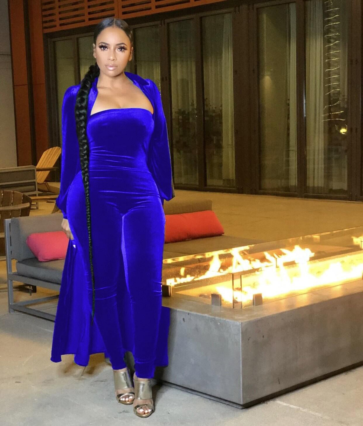 Velvet Strapless Jumpsuit & Maxi Cardigan Set