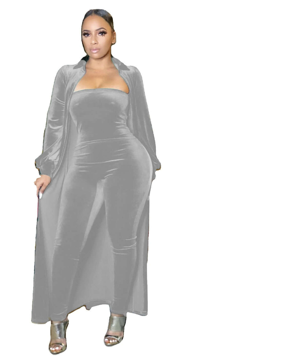 Velvet Strapless Jumpsuit & Maxi Cardigan Set