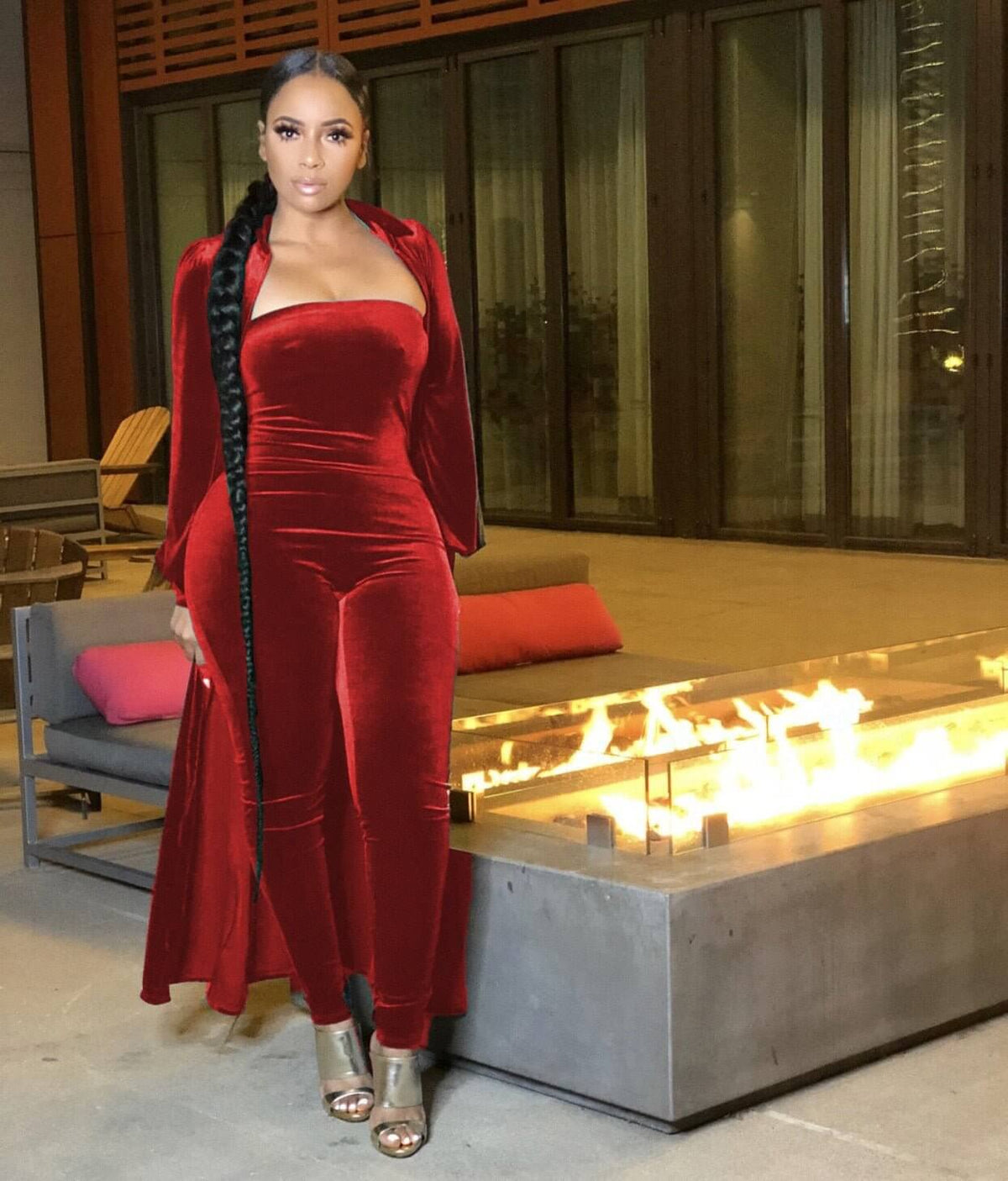 Velvet Strapless Jumpsuit & Maxi Cardigan Set