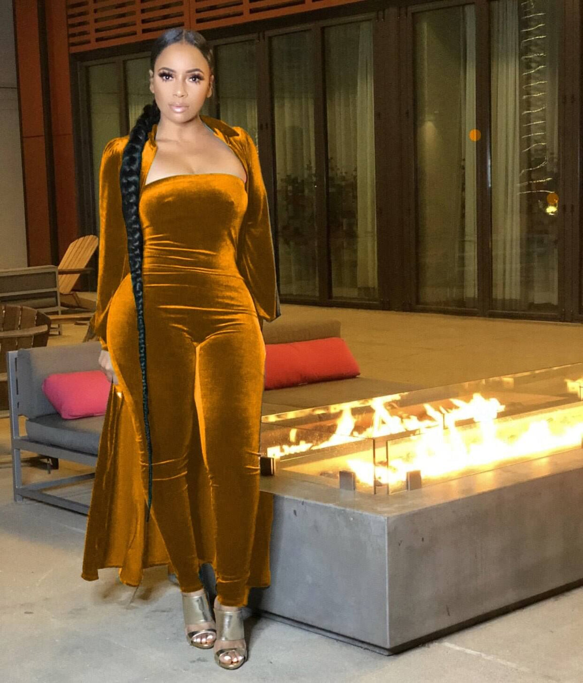 Velvet Strapless Jumpsuit & Maxi Cardigan Set