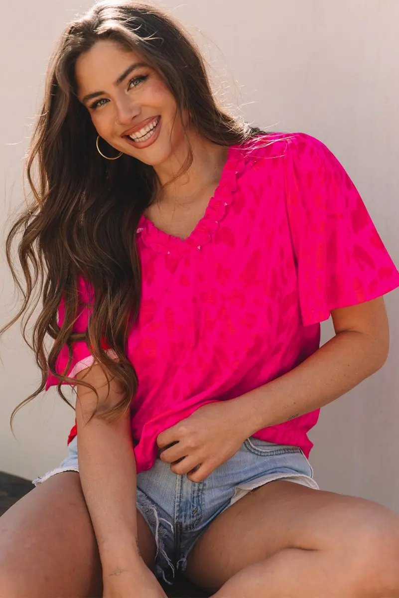 Tops/Blouses & Shirts Love Salve Rose Leopard V-Neck Women's Blouse Daily Wear Top - Frilly & Short Sleeve