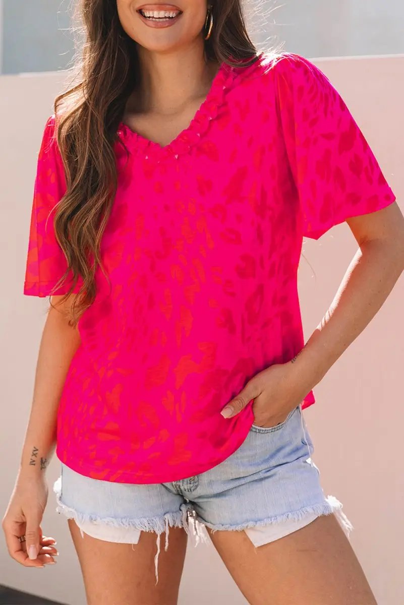 Tops/Blouses & Shirts Love Salve Rose Leopard V-Neck Women's Blouse Daily Wear Top - Frilly & Short Sleeve