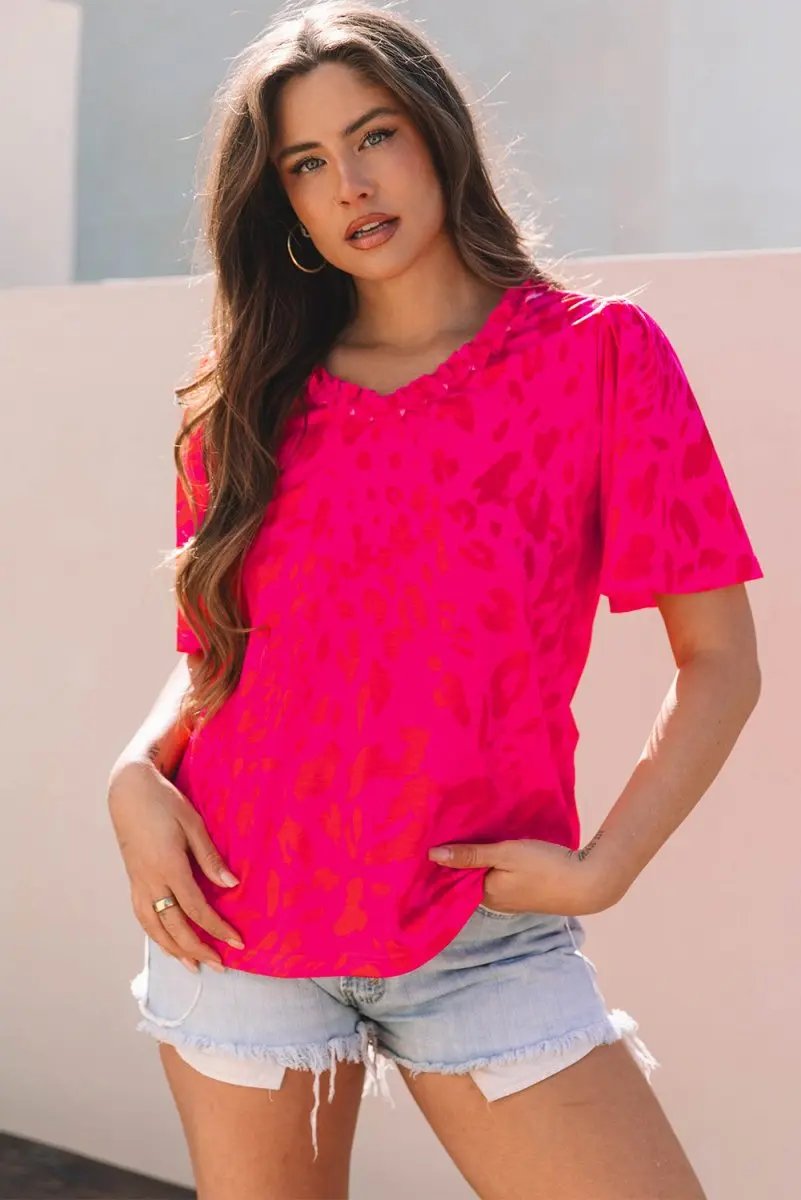 Tops/Blouses & Shirts Love Salve Rose Leopard V-Neck Women's Blouse Daily Wear Top - Frilly & Short Sleeve