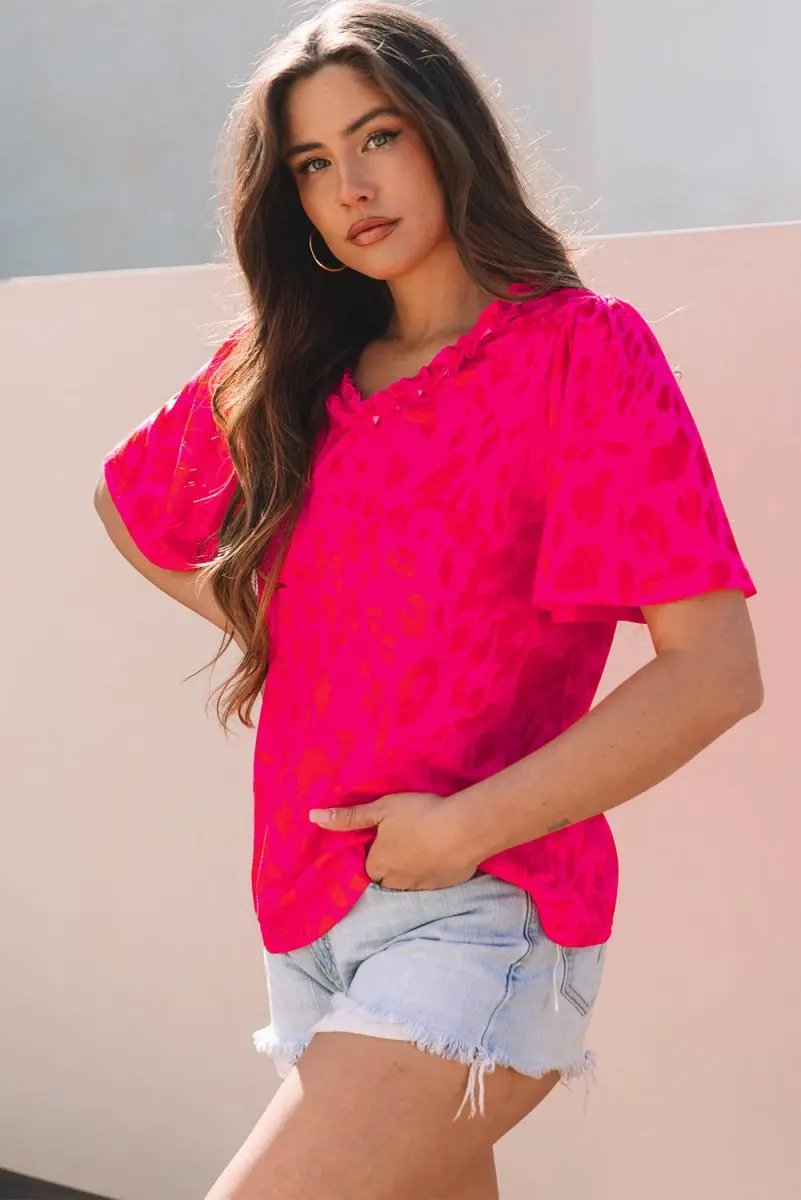 Tops/Blouses & Shirts Love Salve Rose Leopard V-Neck Women's Blouse Daily Wear Top - Frilly & Short Sleeve