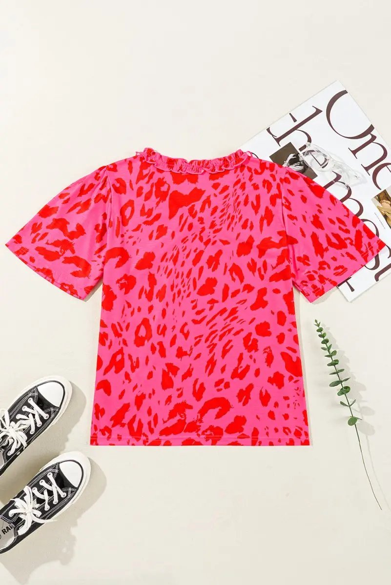 Tops/Blouses & Shirts Love Salve Rose Leopard V-Neck Women's Blouse Daily Wear Top - Frilly & Short Sleeve