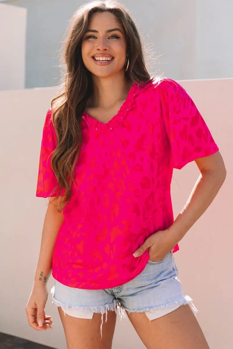 Tops/Blouses & Shirts Love Salve Rose Leopard V-Neck Women's Blouse Daily Wear Top - Frilly & Short Sleeve