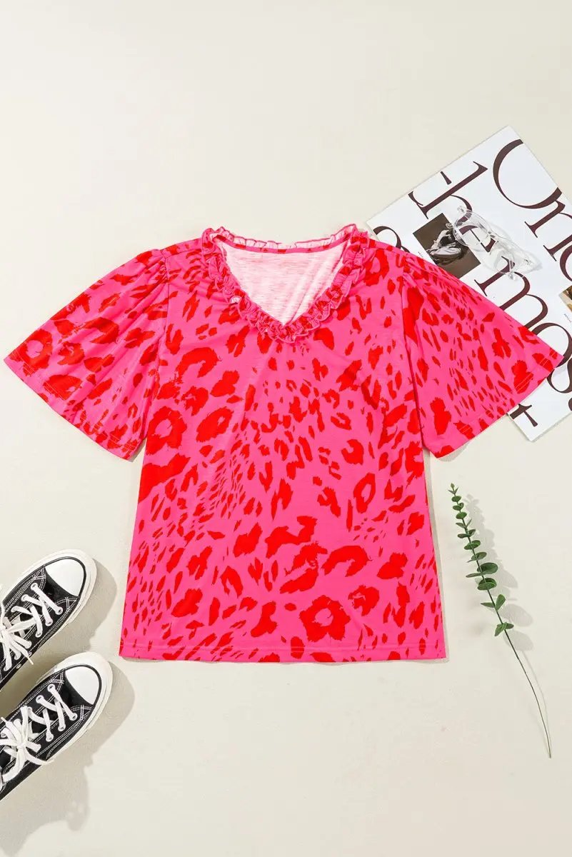 Tops/Blouses & Shirts Love Salve Rose Leopard V-Neck Women's Blouse Daily Wear Top - Frilly & Short Sleeve