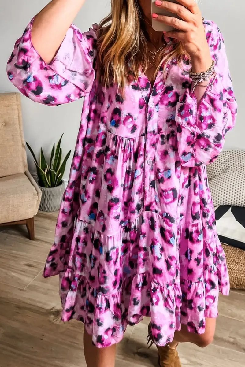 Dresses Love Salve Rose Leopard Dress Women's Daily Spring A-Line Dress - Ruffled Hem, Button Front