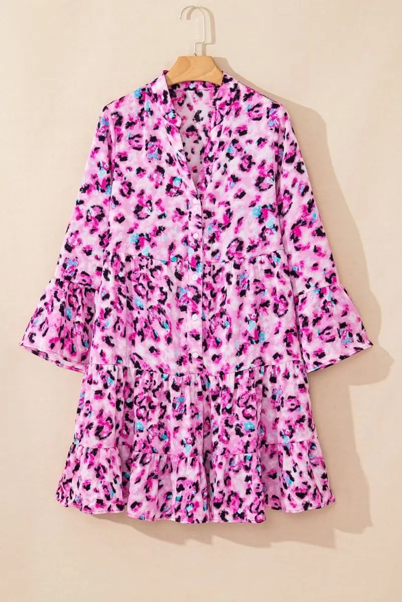 Dresses Love Salve Rose Leopard Dress Women's Daily Spring A-Line Dress - Ruffled Hem, Button Front