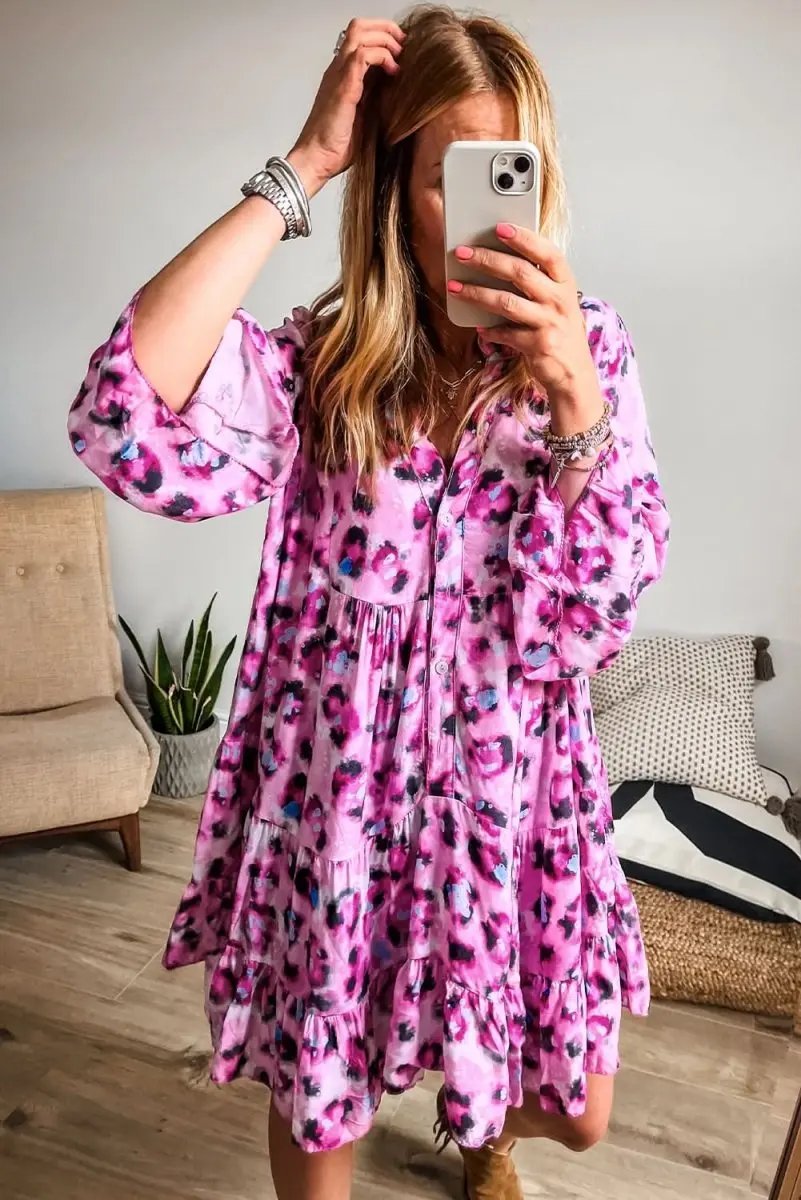 Dresses Love Salve Rose Leopard Dress Women's Daily Spring A-Line Dress - Ruffled Hem, Button Front