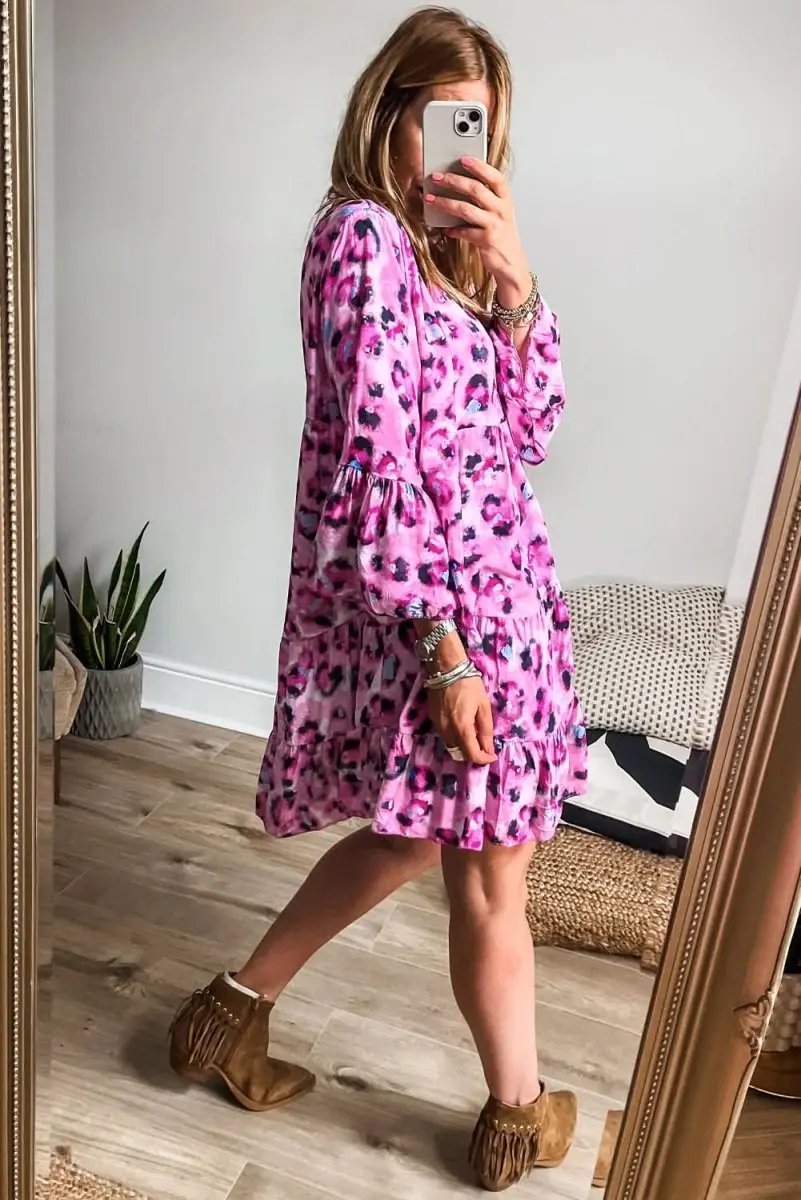 Dresses Love Salve Rose Leopard Dress Women's Daily Spring A-Line Dress - Ruffled Hem, Button Front