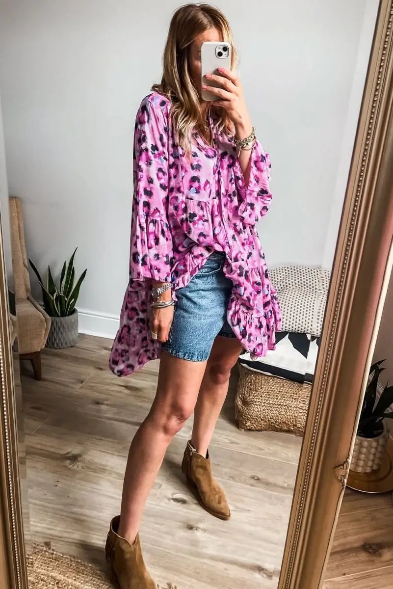 Dresses Love Salve Rose Leopard Dress Women's Daily Spring A-Line Dress - Ruffled Hem, Button Front