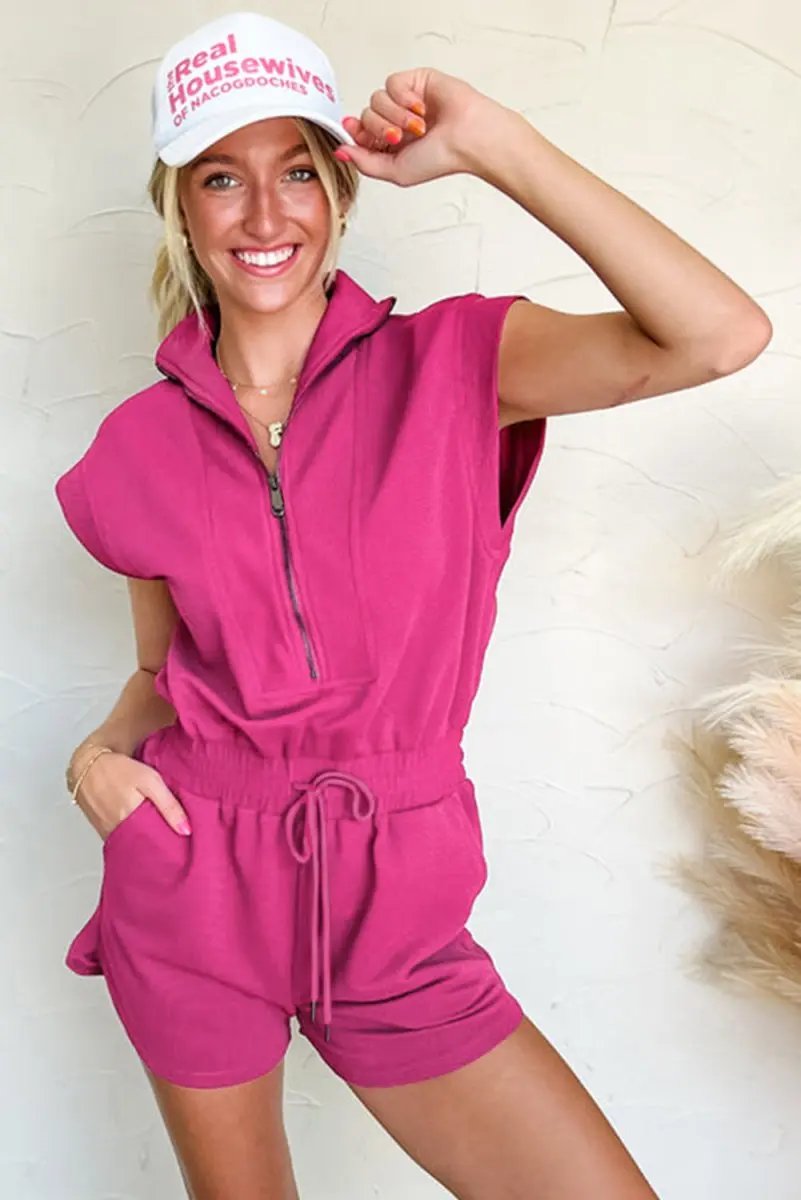 Shoes Love Salve Rose Romper Women's Daily Wear Casual Short Sleeve Half Zip Drawstring Textured