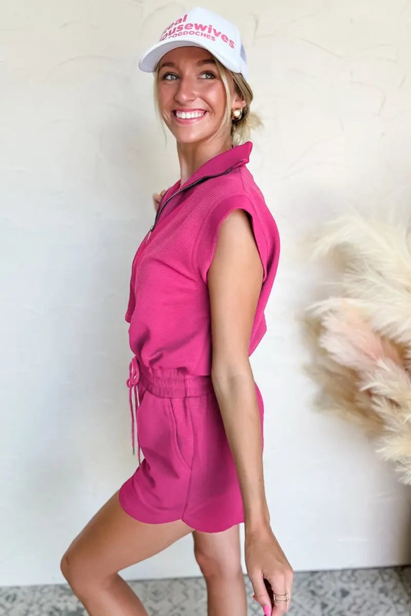 Shoes Love Salve Rose Romper Women's Daily Wear Casual Short Sleeve Half Zip Drawstring Textured
