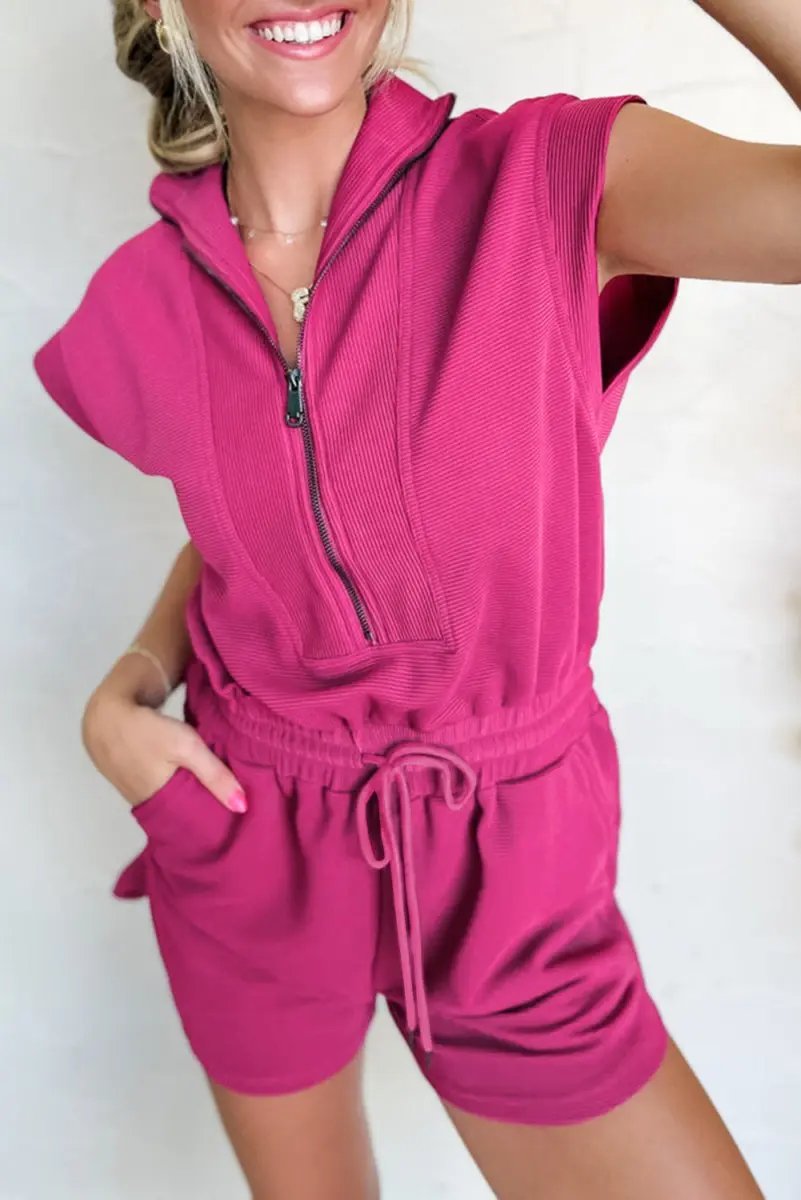 Shoes Love Salve Rose Romper Women's Daily Wear Casual Short Sleeve Half Zip Drawstring Textured
